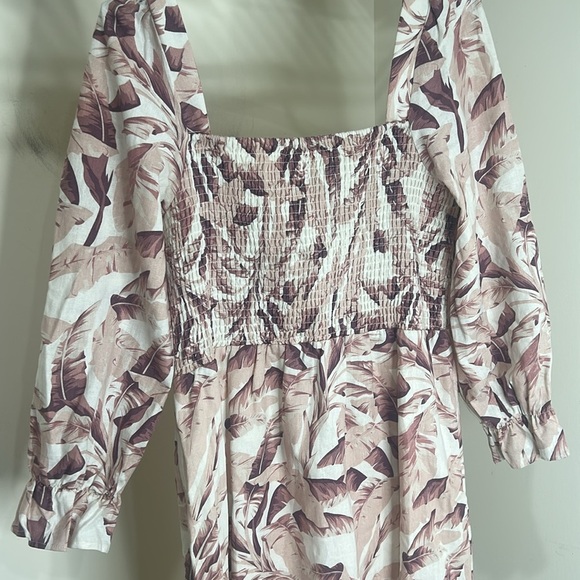 House of Harlow 1960 Linen Smocked Pink Palm Midi Dress Bishop Sleeve Medium - Picture 14 of 16